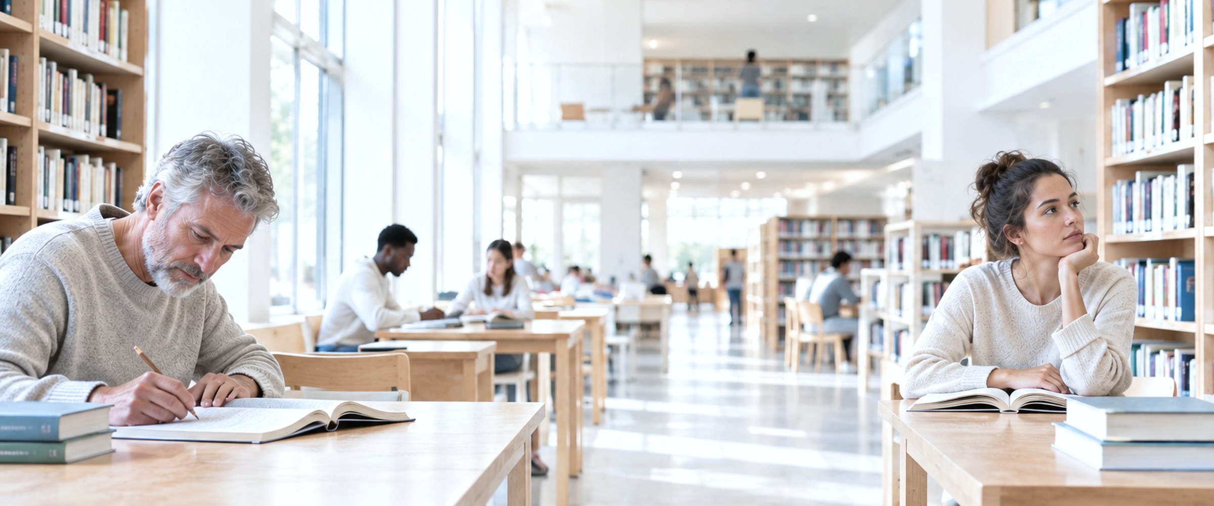 Dans une bibliothèque lumineuse, un homme prend des notes sur un livre ouvert et une lectrice lève les yeux