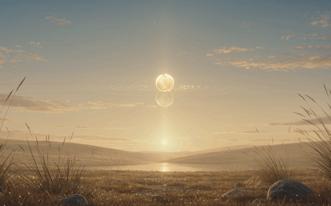 Paysage silencieux baigné d’une lumière dorée à l’aube, symbole de transformation intérieure et de basculement invisible du monde.