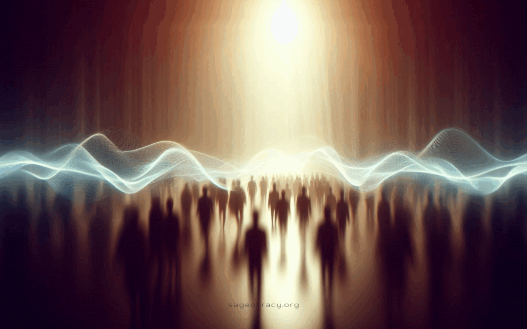 Vague lumineuse traversant une foule floue, symbolisant un changement de fréquence collective.