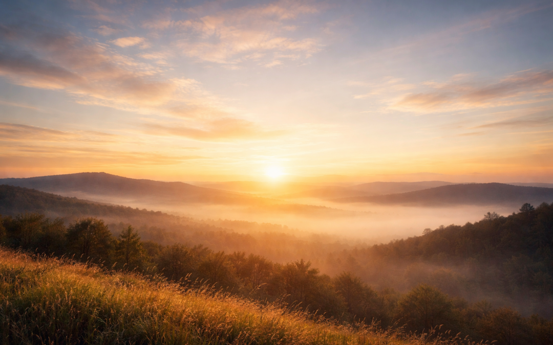 Lever de soleil paisible sur des collines embrumées, symbole d’un nouveau cycle vécu dans le silence et l’alignement intérieur.