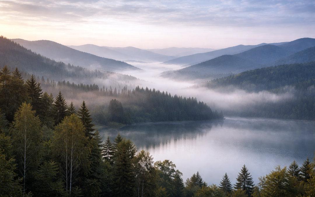 Paysage au lever du jour, montagnes et brume immobile au-dessus d’un lac, symbole d’un monde en suspension et en gestation silencieuse.
