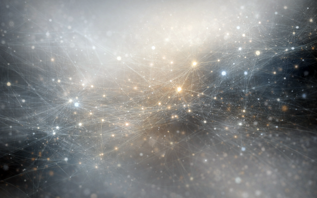 Réseau abstrait de points lumineux interconnectés, évoquant les fondements vibratoires, la cohérence collective et une gouvernance émergente sans hiérarchie.