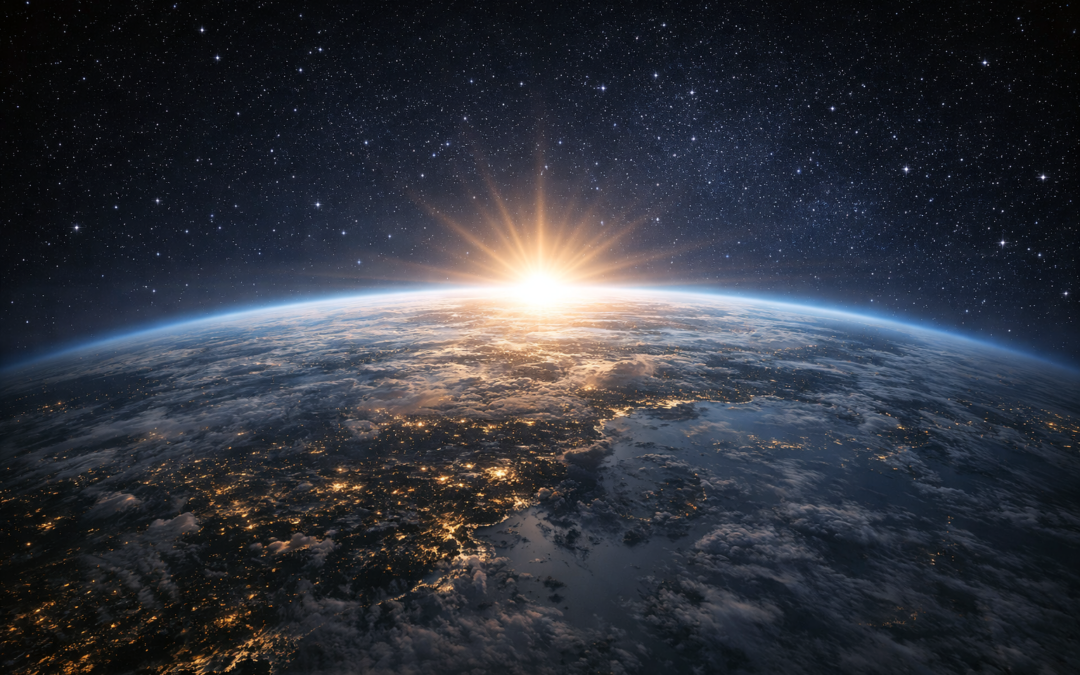 La Terre vue depuis l’espace, baignée d’une lumière douce, suggérant un choix déjà engagé à l’échelle planétaire.