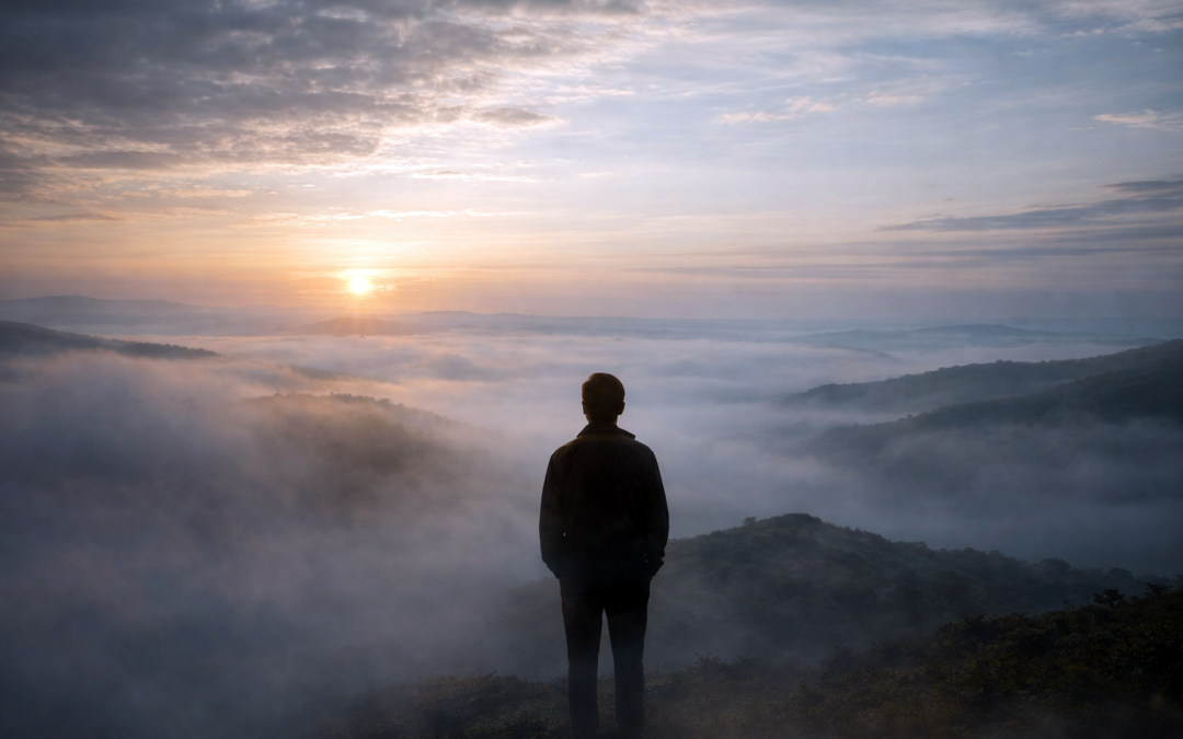 Silhouette immobile face à un paysage de collines embrumées à l’aube, évoquant un basculement discret et intérieur.