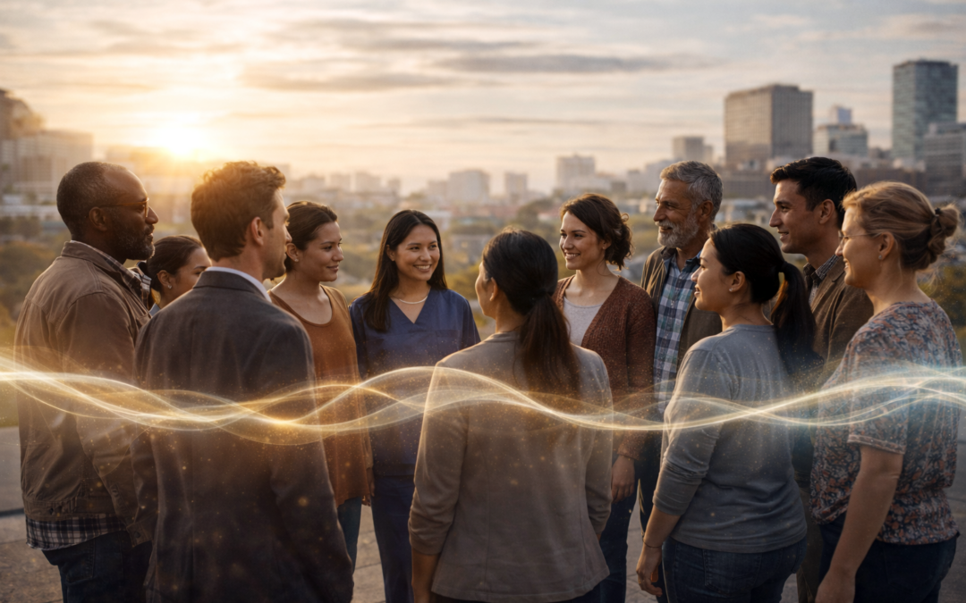 Groupe de personnes réunies dans un espace ouvert, illustrant une présence individuelle assumée au sein d’un collectif en transformation.