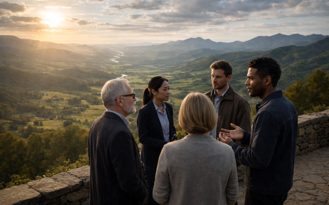 Groupe de personnes échangeant en plein air, surplombant une vallée, symbolisant un dialogue ouvert et une vision collective au-delà des cadres politiques traditionnels.