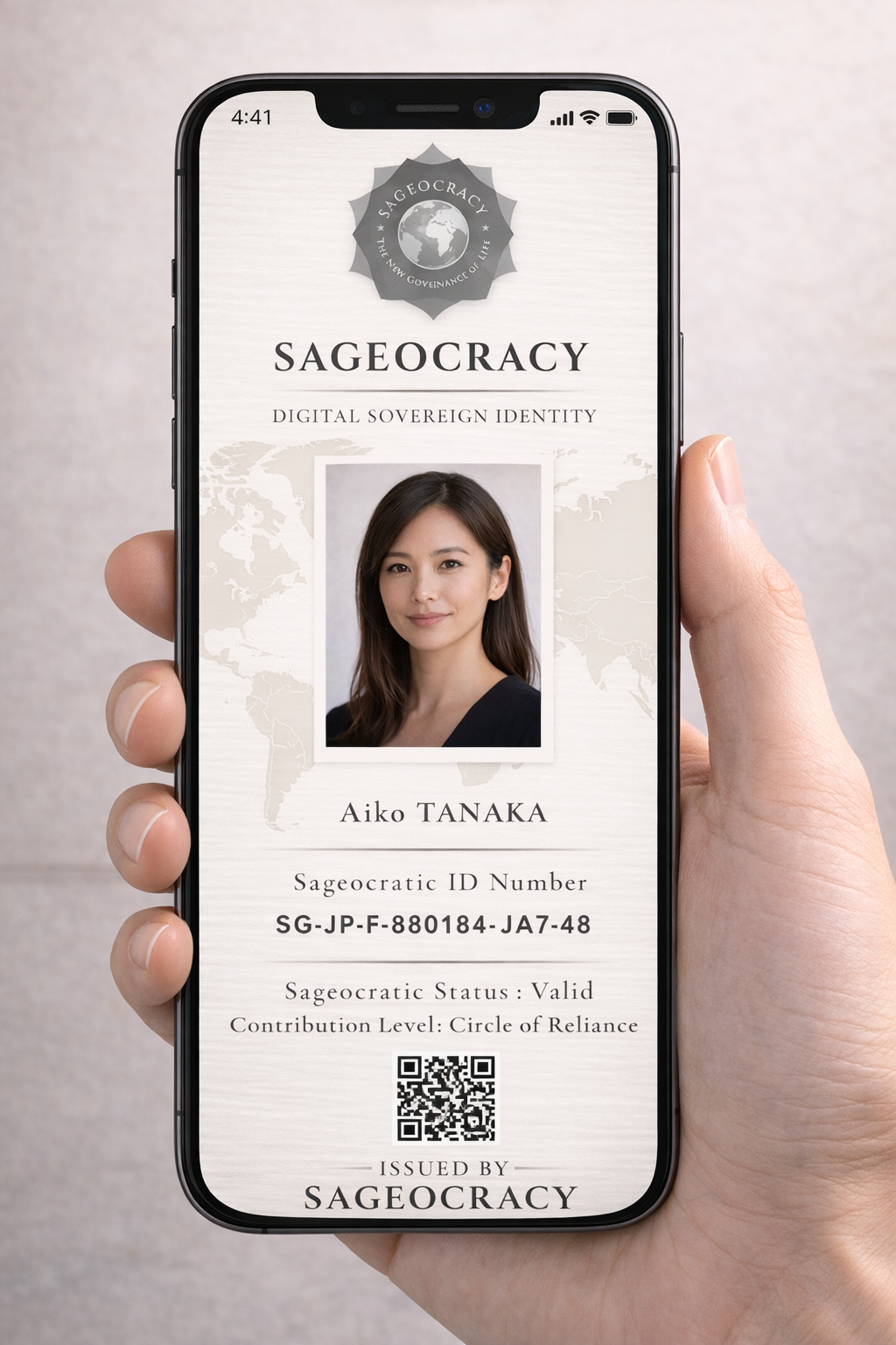 Carte d’identité Sageocrate numérique Cercle de Reliance affichée sur smartphone avec QR code sécurisé