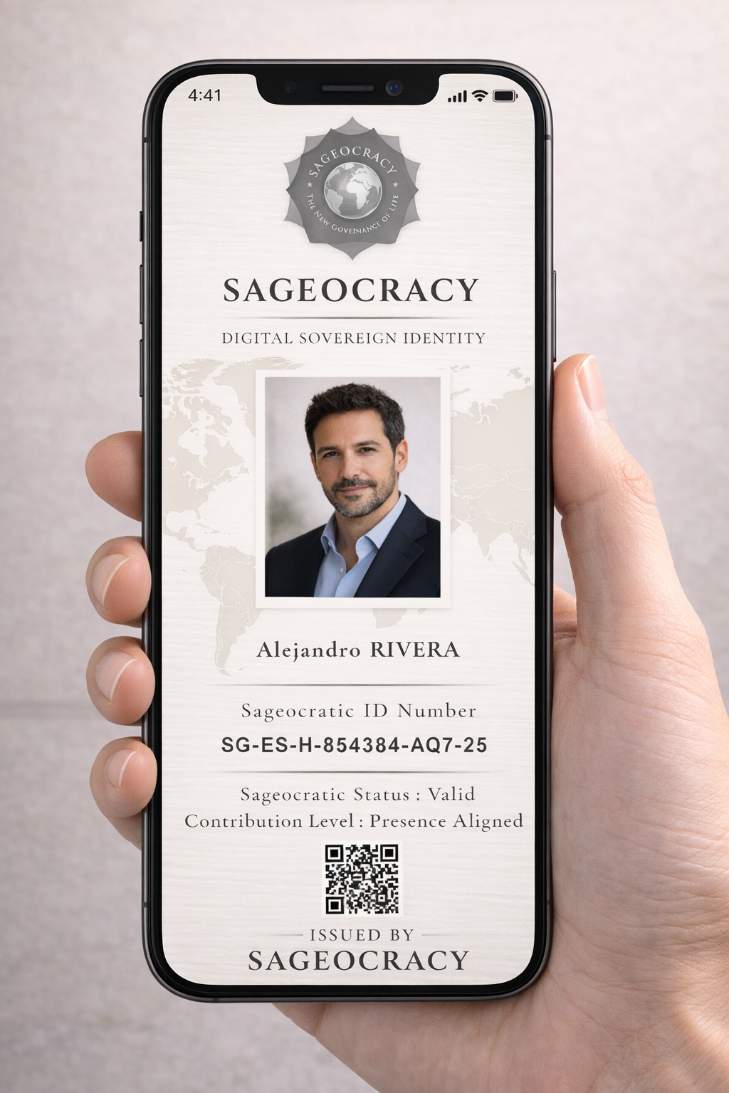 Carte d’identité Sageocrate Numérique Présence Alignée affichée sur smartphone avec QR code sécurisé