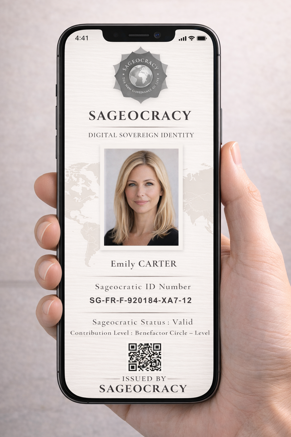 Carte d’identité Sageocrate Numérique Cercle Bienfaiteur Niveau III affichée sur smartphone avec QR code sécurisé