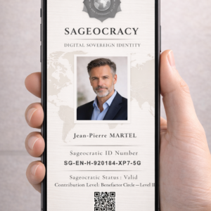 Carte d’identité Sageocrate numérique Cercle Bienfaiteur Niveau II affichée sur smartphone avec QR code sécurisé