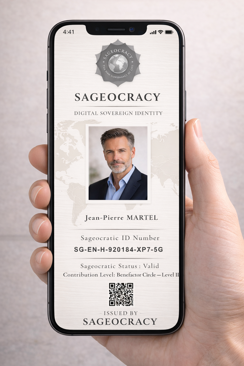 Carte d’identité Sageocrate numérique Cercle Bienfaiteur Niveau II affichée sur smartphone avec QR code sécurisé