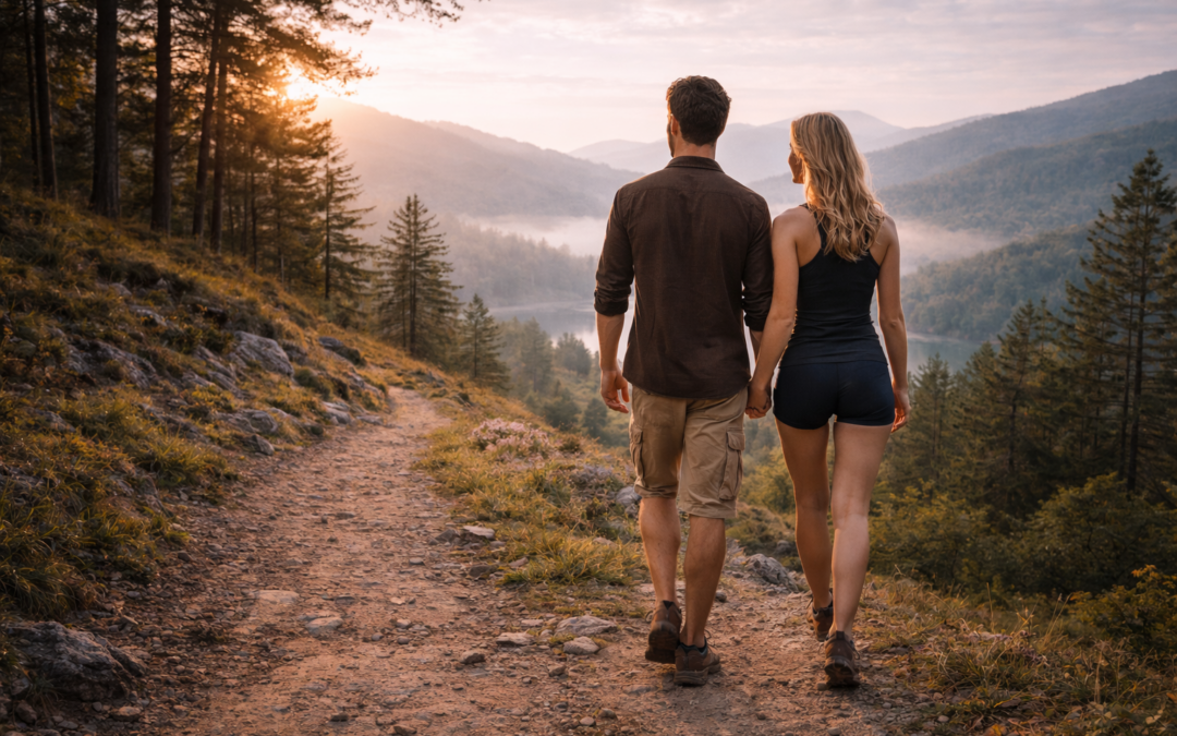 Couple marchant main dans la main au lever du soleil sur un chemin de montagne dominant un lac brumeux, symbole d’harmonie entre le masculin et le féminin.