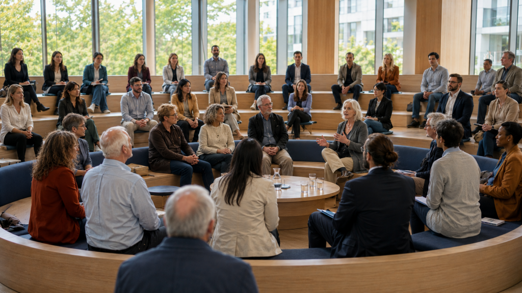 Des citoyens de différents âges délibèrent, assis en cercle dans une salle moderne et lumineuse.