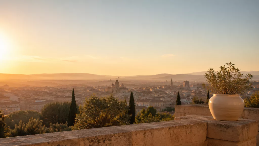 Ville ancienne vue depuis une terrasse de pierre au coucher du soleil, dans une brume de chaleur, avec un olivier en pot au premier plan