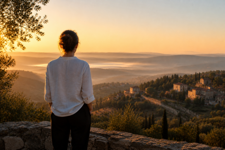 Femme regardant le lever du soleil sur un paysage — engagement et Sageocratie