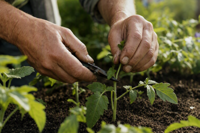 Les mains d'un jardinier taillent au sécateur un jeune plant de tomate en pleine terre, geste d'ajustement continu qui maintient le vivant en bonne santé.