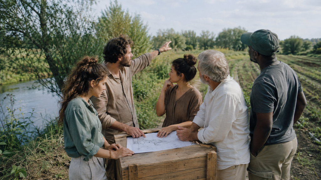 Un groupe de personnes de tous âges et origines, réuni au bord d'un champ et d'une rivière, examine ensemble une carte posée sur une caisse en bois — la décision prise là où la situation est comprise, en Sageocratie.