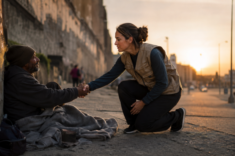 Une travailleuse humanitaire agenouillée serre la main d'un homme sans abri dans une rue au coucher du soleil, le travail des ONG, une rencontre d'égal à égal.
