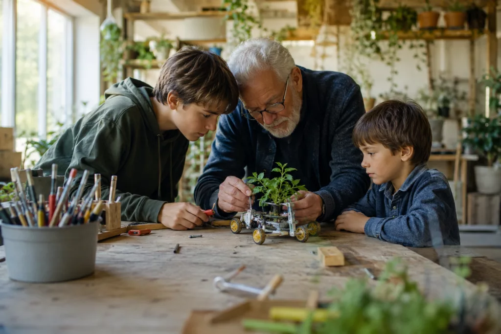 Un aîné, un adolescent et un enfant examinent ensemble une plante sur un établi, l'apprentissage circule entre les âges.