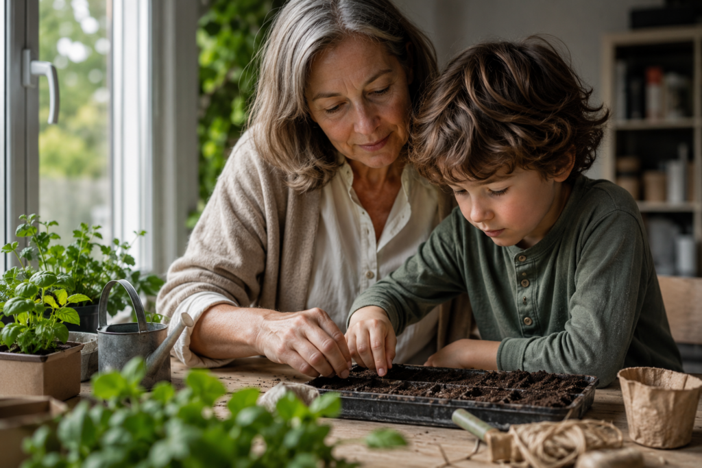 Une grand-mère et un enfant plantent ensemble une jeune pousse, un soin que l'argent ne mesure pas.
