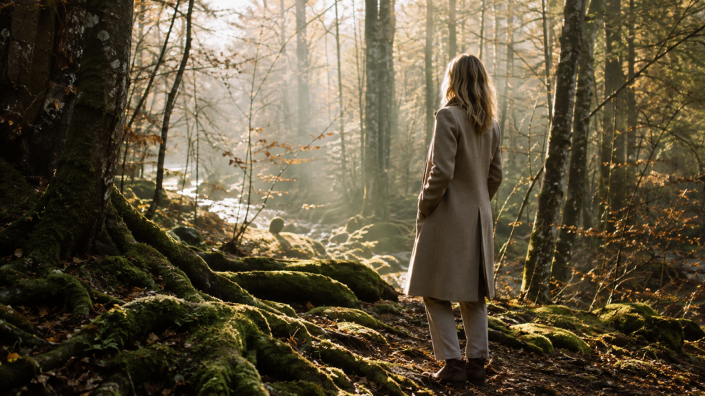 Une femme élégante en manteau, de dos, contemple une forêt lumineuse au petit matin, où racines moussues et ruisseau tissent le sol : image de la conscience des liens en Sageocratie.