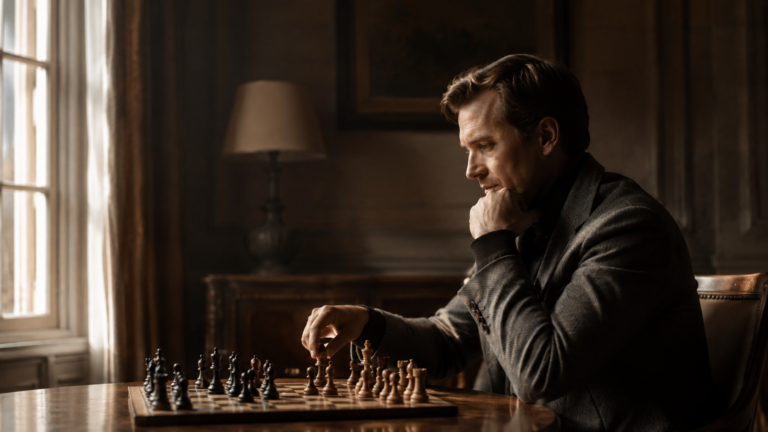 Un homme élégant et pensif, la main au-dessus d'une pièce d'échecs dans un intérieur chaleureux, évoque un système dont on ne peut réécrire les règles de l'intérieur.