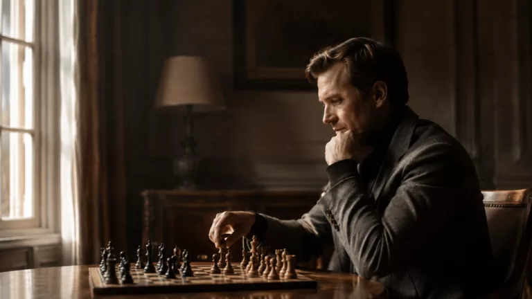 Un homme élégant et pensif, la main au-dessus d'une pièce d'échecs dans un intérieur chaleureux, évoque un système dont on ne peut réécrire les règles de l'intérieur.