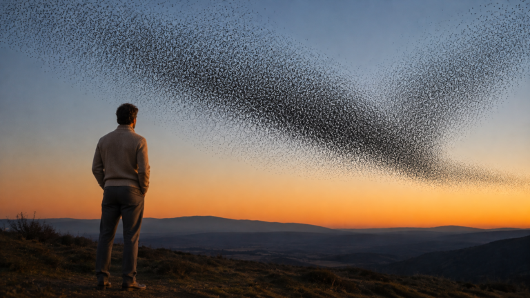 Une personne en pull, de dos sur une colline au crépuscule, contemple une immense nuée d'étourneaux qui se meut comme un seul corps dans le ciel, sans chef : image d'une société qui s'organise par les liens.