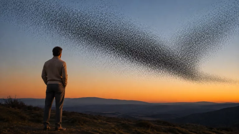 Une personne en pull, de dos sur une colline au crépuscule, contemple une immense nuée d'étourneaux qui se meut comme un seul corps dans le ciel, sans chef : image d'une société qui s'organise par les liens.