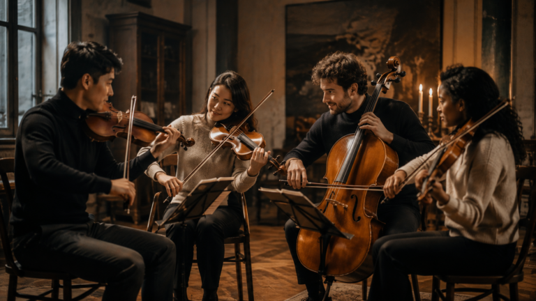Un quatuor à cordes joue ensemble sans chef d'orchestre, chaque musicien s'ajustant à l'écoute des autres.